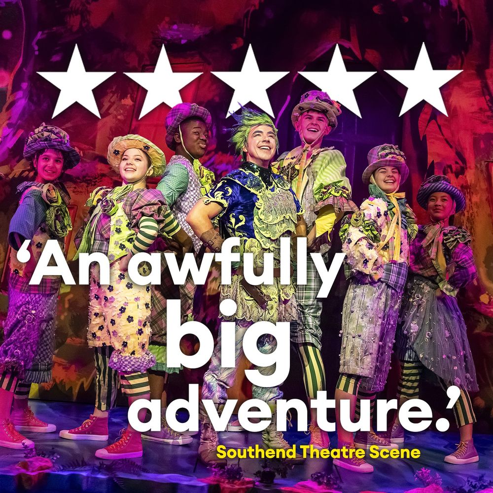 Reads "⭐⭐⭐⭐⭐ An awfully big adventure" Southend Theatre Scene - over a production image of David Breeds as Peter Pan and the panto chorus as The Lost Children in The New Adventures of Peter Pan. 
