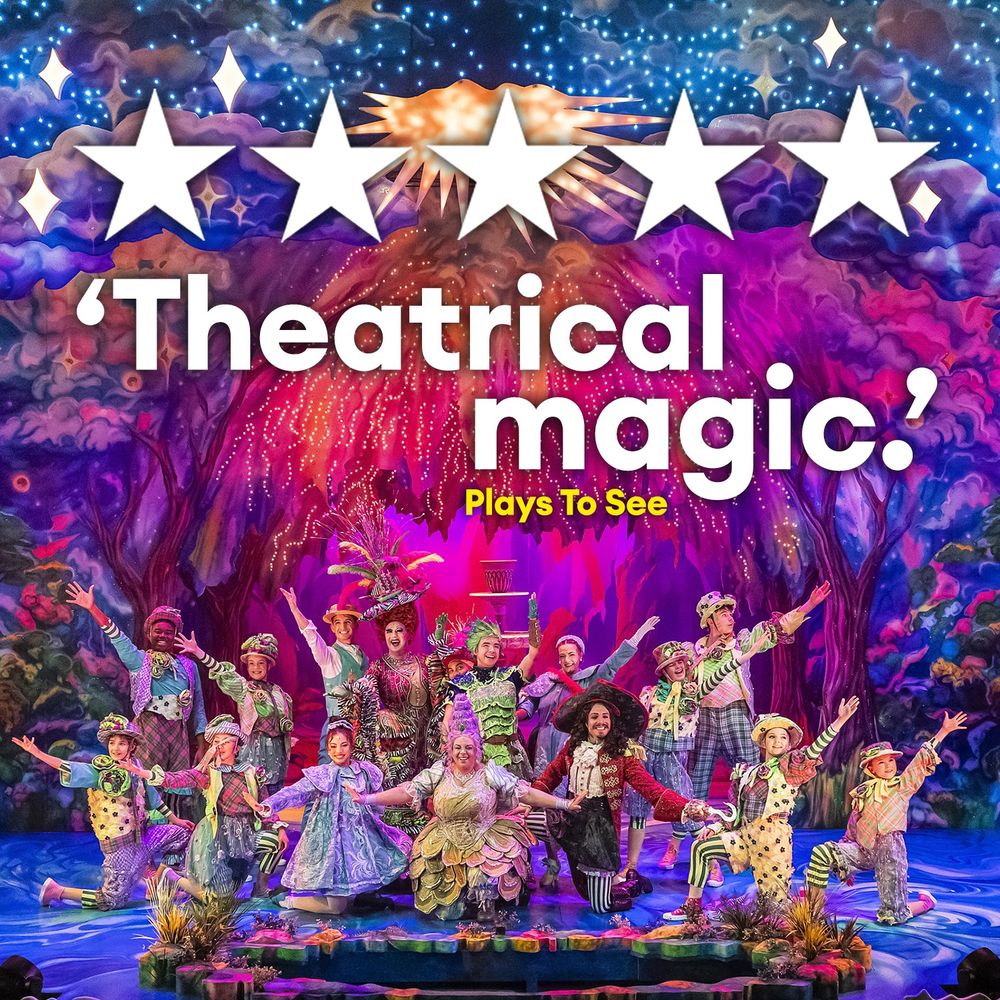 Reads  ⭐⭐⭐⭐⭐ "Theatrical magic" Plays To See over a production image of the full company of The New Adventures of Peter Pan.