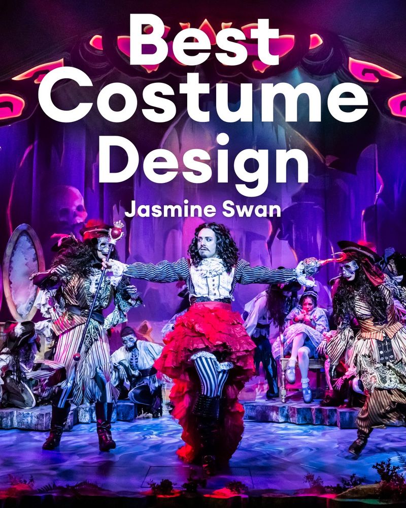 An image of Jazz Evans dressed as Captain Hook with Zombie Pirates either side him and his lair in the background, with the text "Best Costume Design Jasmine Swan"