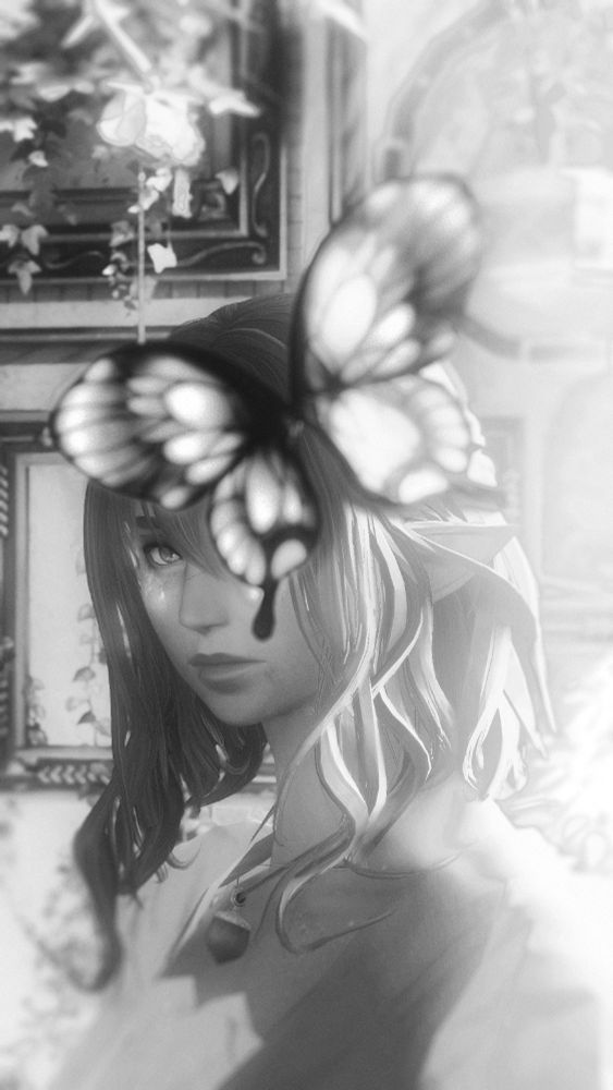 Screenshot from the videogame Final Fantasy 14. A close up capture of an Elezen (elf) posing in front of framed portraits, overgrown with flourishes. A butterfly flies in the foreground, covering parts of the Elezen's face.