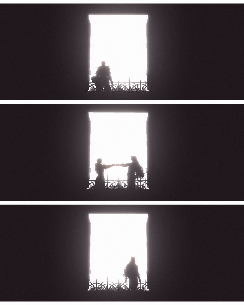 3 panel image of Ardbert's and Wisteria's silhouettes from Final Fantasy 14. In the top panel, Ardbert stands alone in front of a big window that is brightly lit.

In the middle panel, both Ardbert and Wisteria stands next to eachother and have their arms up to fistbump.

In the bottom panel, Wisteria stands alone in front of a big window that is brightly lit.