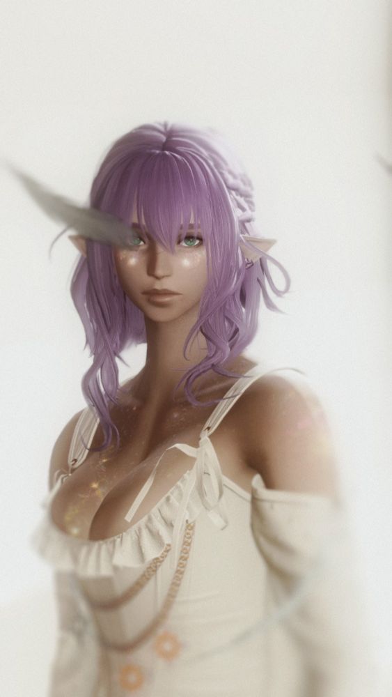 An Elezen (elf) original character from the videogame Final Fantasy 14 stans amongst falling feathers.