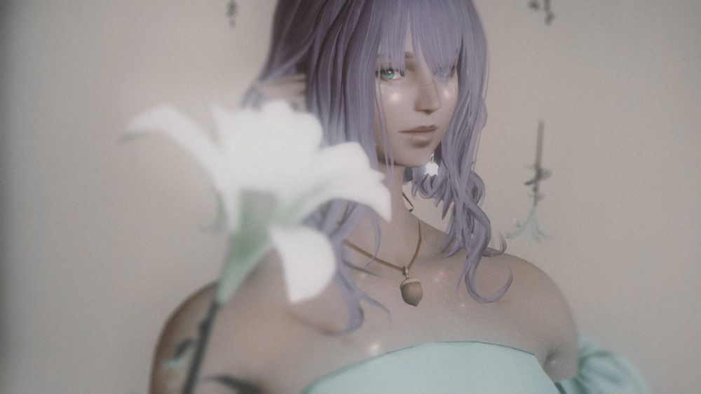Wisteria, an Elezen (elf), stands amongst flowers that are strung around her.