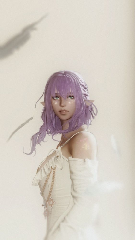 An Elezen (elf) original character from the videogame Final Fantasy 14 stans amongst falling feathers.