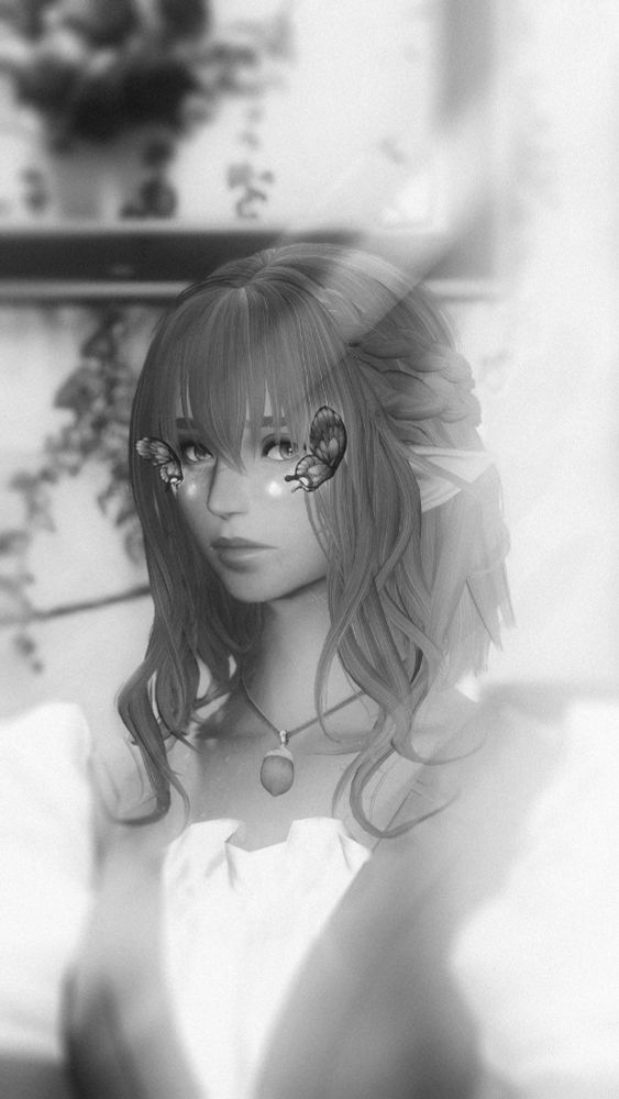 Screenshot from the videogame Final Fantasy 14. A close up capture of an Elezen (elf) posing in front of framed portraits, overgrown with flourishes. Two butterflies lands on her face, close to her eyes.
