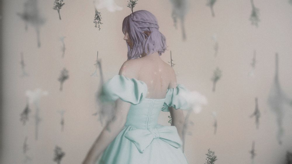 Wisteria, an Elezen (elf), stands amongst flowers that are strung around her.