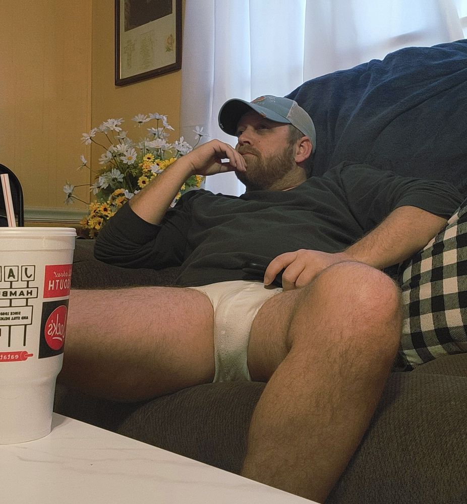 Guy in his tighty whities and a t-shirt