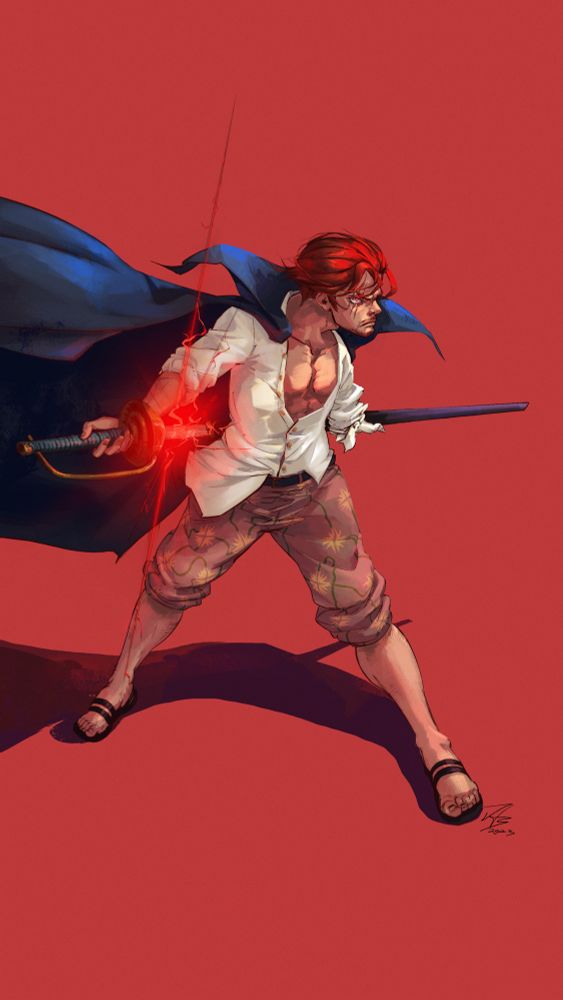 Shanks from one piece drawing his blade glowing with haki.