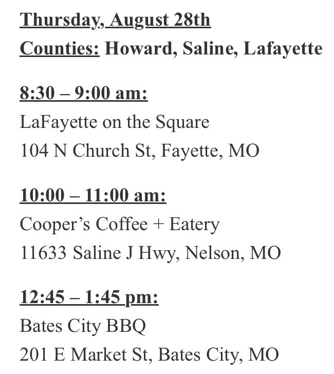 Mark Alford Town Hall schedule for August 28th.
