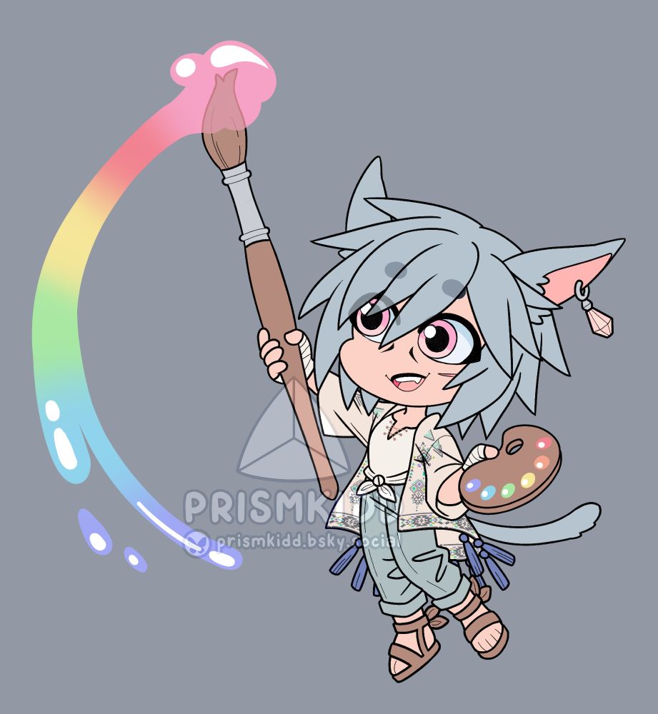 a chibi illustration of prismkidd's final fantasy 14 warrior of light, erose mooney! (pronounced as "arrows") he's smiling and posing with his paintbrush held up to the sky, trailing rainbow paint from the bristles, and holding a palette of rainbow paint in his other hand.