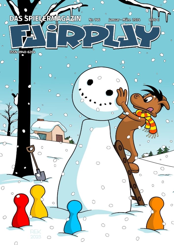Das neue Cover der nächsten Fairplay Ausgabe. Harry steht auf einer Leiter an einem riesigen pöppel schneemann und setzt oben noch den Kopf drauf. Ein blauer, ein gelber, ein roter und ein orangener pöppel schauen Harry dabei zu.