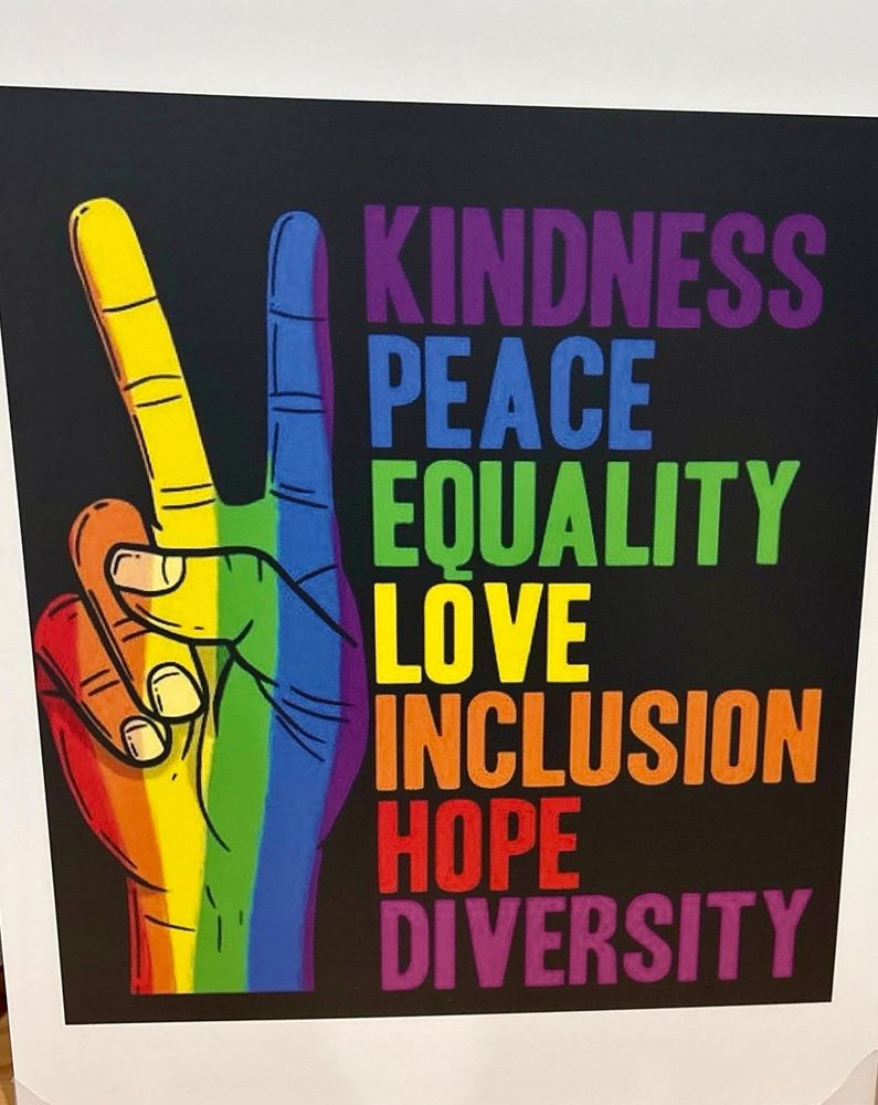 In rainbow colors, image of hand showing "peace" sign and words:

Kindness
Peace
Equality
Love
Inclusion
Hope
Diversity