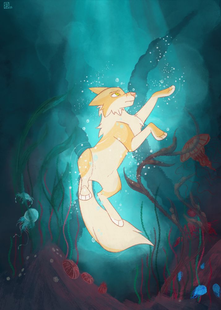 A blonde and yellow wolf swimming up towards the surface of the water. Shes bathed in blues and reds, surrounded by plant life and jellyfish