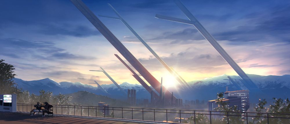 Digital illustration of a futuristic vision of the city of Santiago, Chile. In the foreground, an anthro crow and coyote share an orange. In the background, a city skyline, and huge diagonal-leaning towers kilometres tall reach into the air. The city is cradled by snowcapped mountains, and a glowing orange sunrise pierces the dim blue sky and casts light on the mist shrouding the city below.