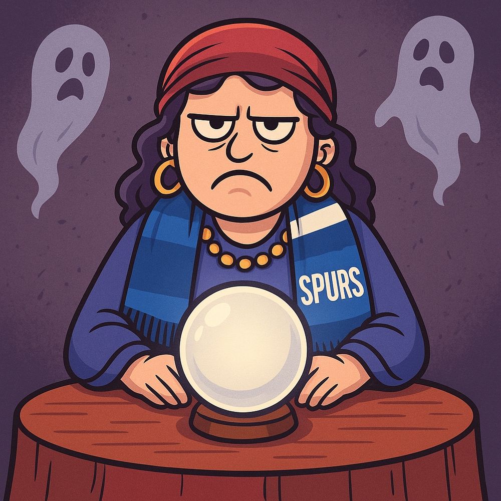 an unhappy medium, wearing a Spurs scarf, sat in front of ther crystal ball and surrounded by ghosts