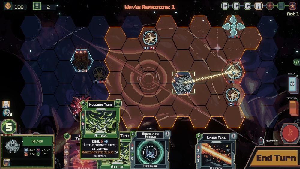 A hexagon grid combat space with a variety of ships, two human, six eldritch. The human ship Silver (16/7 shield, 27/27 health, 2 speed, 1/4 fire) is using the card Nuclear Tomb (Deal 6 damage. If the target died, it leaves Radioactive Cloud in an area.) Other cards are Energy to Shield and Laser Fire.