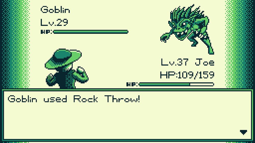 Joe fights a goblin (lvl 29) at Lvl 37 in a Pokemon-style confrontation. HP 109/159. Goblin used Rock Throw!
