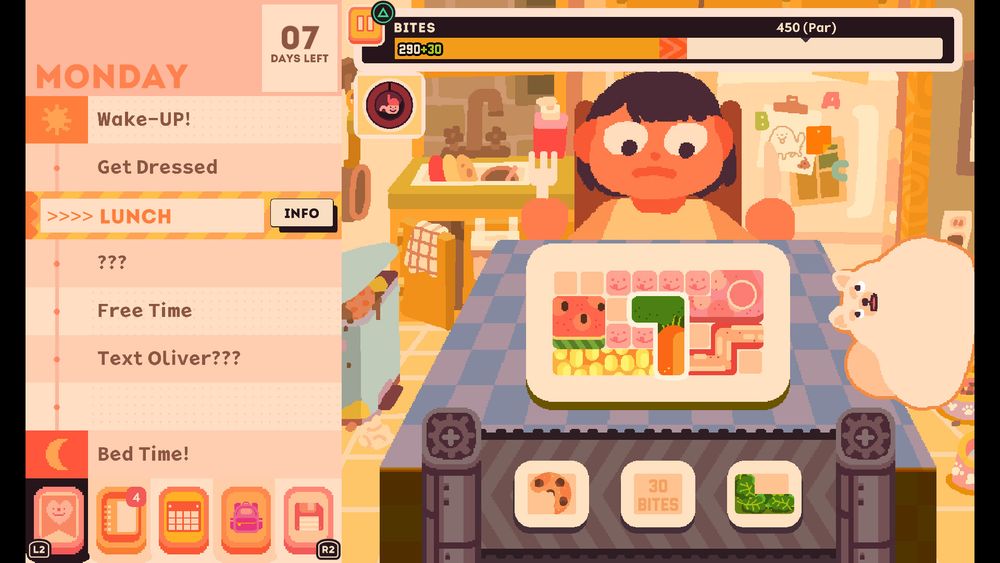 Lunchtime. The player sits at a table with a tetris bento box for lunch. Her goal is 450 bites. The current box has 290+30. 