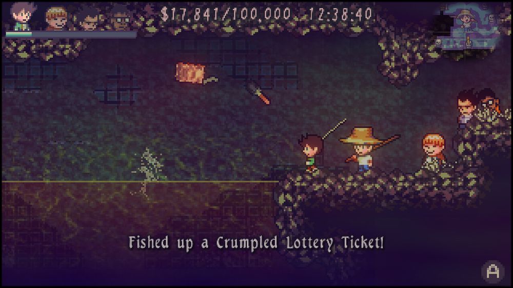 Sean fishes in an underground lake, with a fisherman behind him and his three friends behind them. Fished up a Crumpled Lottery Ticket!