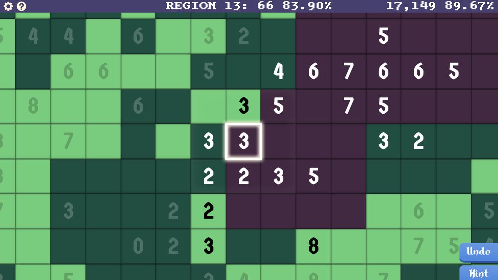 A puzzle where numbers in a grid correspond to light green tiles connecting it, while all others completed are dark green and incomplete  are purple