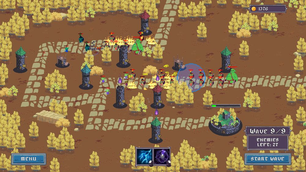 A wave of various types of goblins a giants approaches the city on wave 9/9. Enemies left: 27. The city has taken considerable damage. Green, red, and blue roofed towers, some with purple flames above them, defend