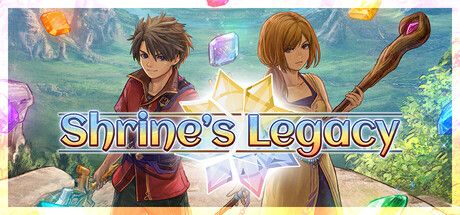 Shrine's Legacy logo with Rio, a young man in a red tunic with a sword and Reima, a young woman with a magic staff, standing on a cliff over a green valley with gemstones falling around them