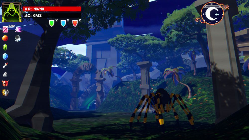 A first person view of a path through trees and pillars. A giant black and yellow spider blocks the path