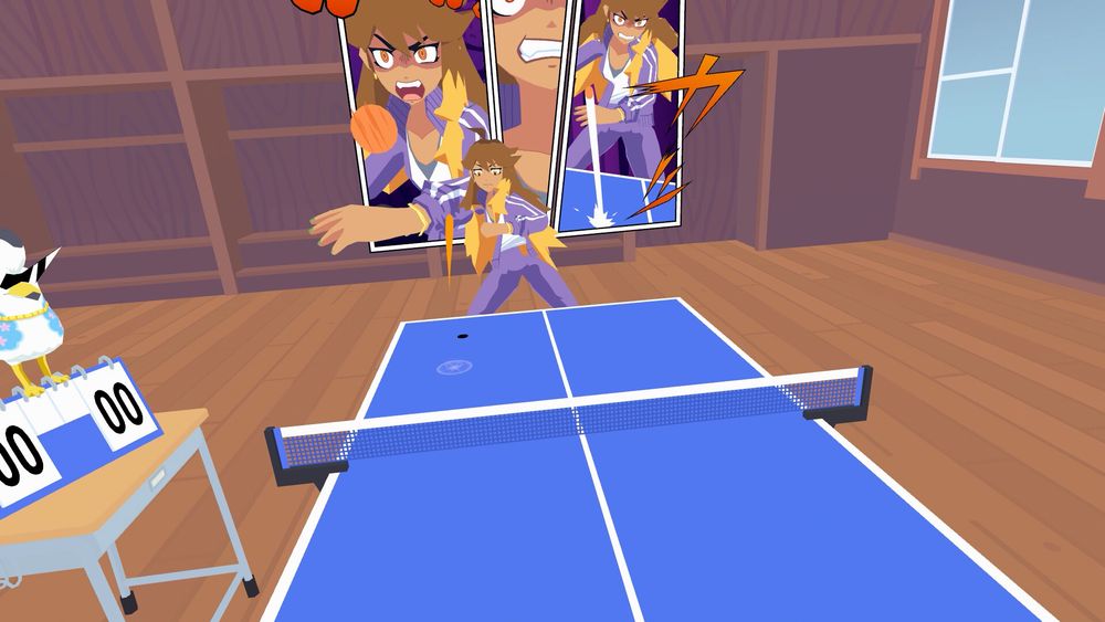 Playing table tennis against a long-haired girl in purple sports gear. The seagull guards the scoreboard (00/00). In the background, manga panels show the girl's determination and anger