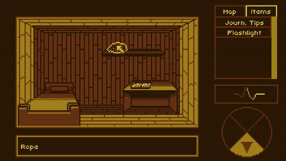 A sparse bedroom with a made bed, a book on a desk, and a rope on a shelf over the desk. The player is highlighting the rope.