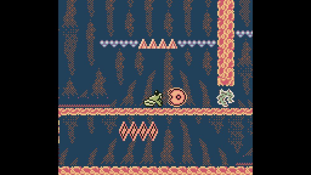 Pyrotoad returns to green after breathing a fireball at a vine in a cave level