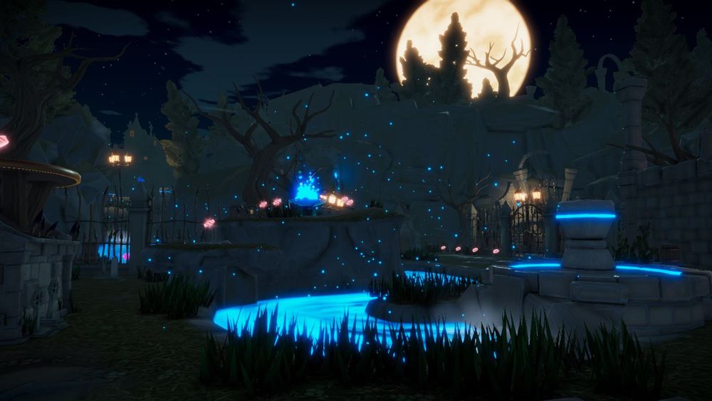 A first person view of a swamp filled with red and yellow candies while a full moon rises