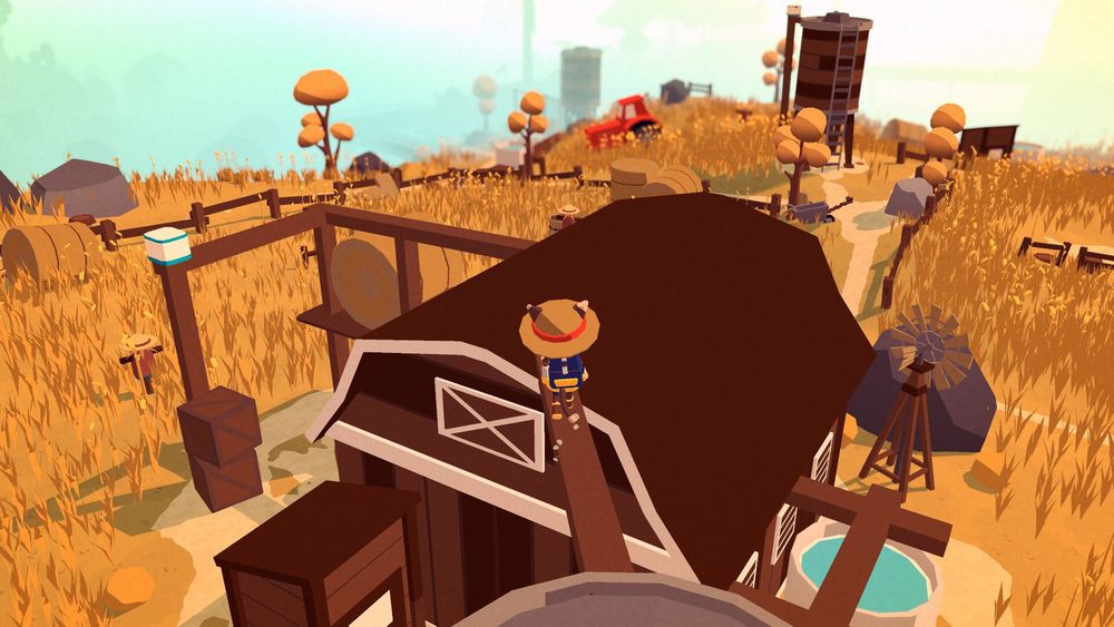 Climbing on a farmhouse over yellow fields.