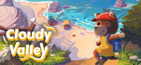 Cloudy Valley logo with a dogboy in a red hat and a large yellow shirt carrying a blue backpack waving and winking at the camera as he runs down the hill to a beach where two animal people sit. One is fishing.