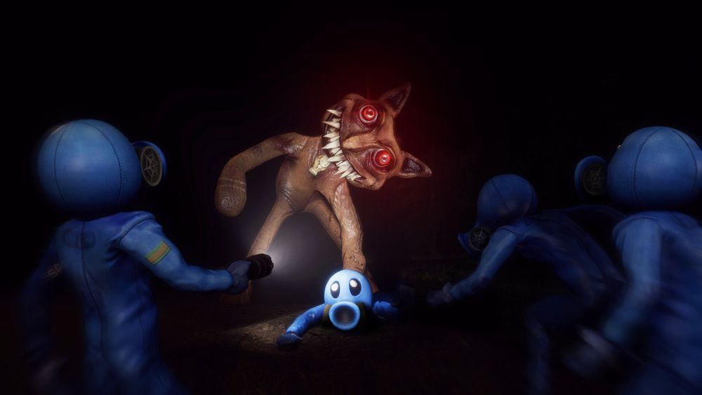 The fox-like demon has pinned one of the players (all in matching suits) to the ground