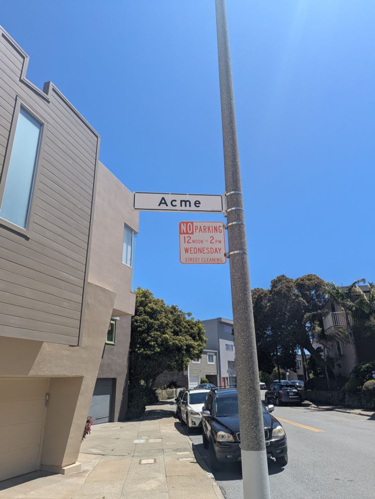 Street sign showing the top of Acme Alley
