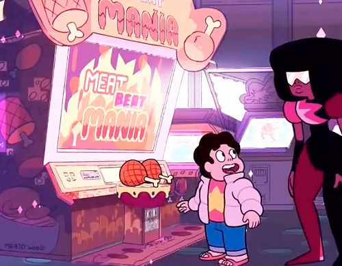 Steven Universe introducing Garnet to the arcade game Meat Beat Mania