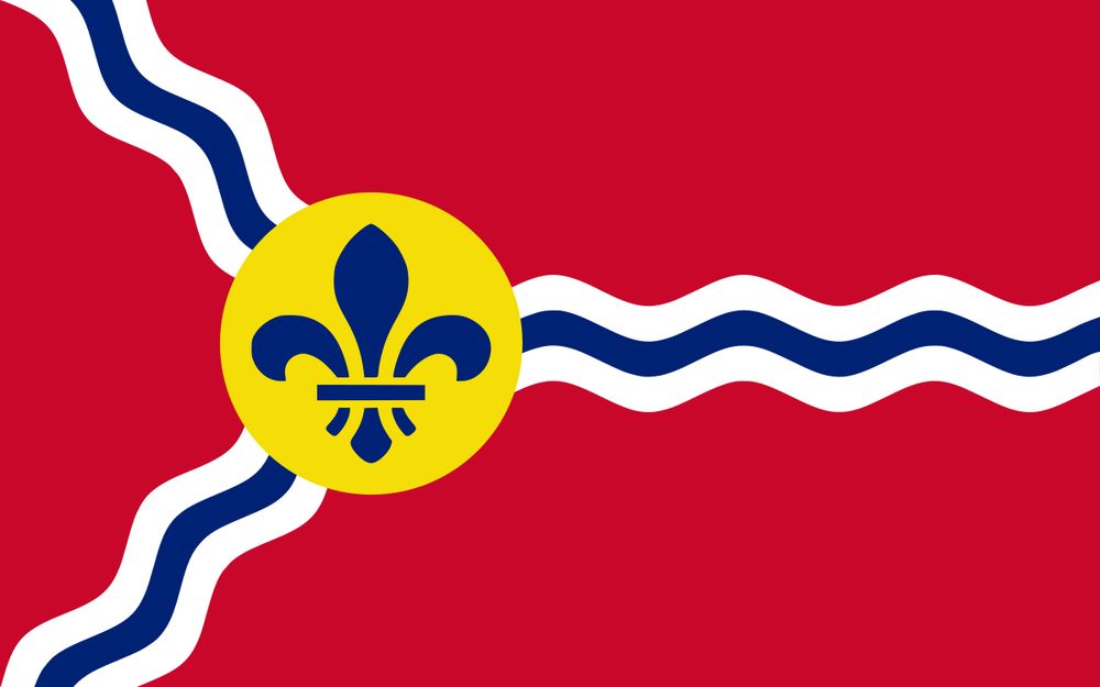 The flag of St. Louis: three wavy blue-and-white lines (symbolizing the river confluence) on a red field, with a gold fleur-de-lis disc over the intersection
