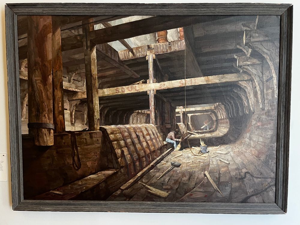 John A. Noble (1913-1983)
“Soul of Sail”

Noble said he wanted to convey some of the feeling of being down inside a ship's hull when he did this lithograph, or, as he wrote, "to capture some of the awe felt while viewing the massive timbering of a great hull... This is the hold that bears the cargo this is the reason the vessel was built. Here is the keelson that bears the masts; and here are the timbers, stanchions, and knees which stiffen the whole. All this unseen anatomy is near, not only to the economy, but in a sense to the heart of the vessel: hence the title, Soul of Sail."