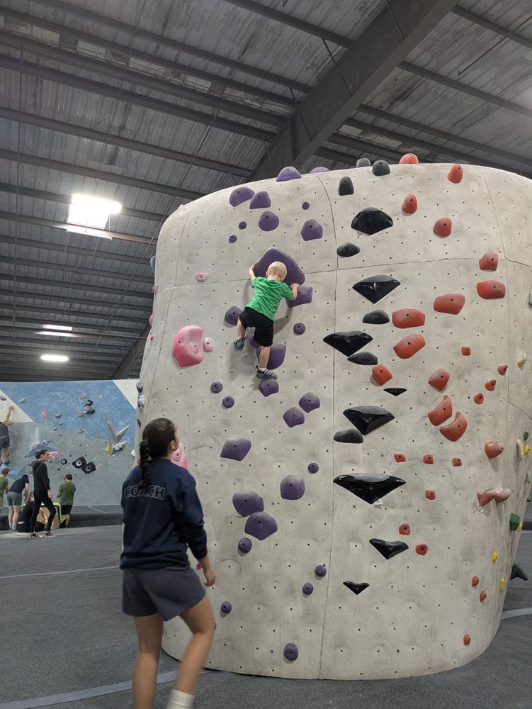A blond toddler on a bouldering route. He is not quite at the top, but well above his coach’s head.