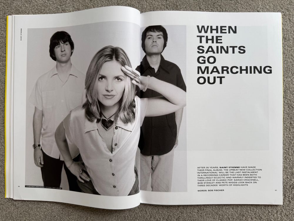 Double-page spread of the Saint Etienne interview by Bob Fischer in Electronic Sound magazine. It’s a photo of the trio with the title “When the Saints Go Marching Out”