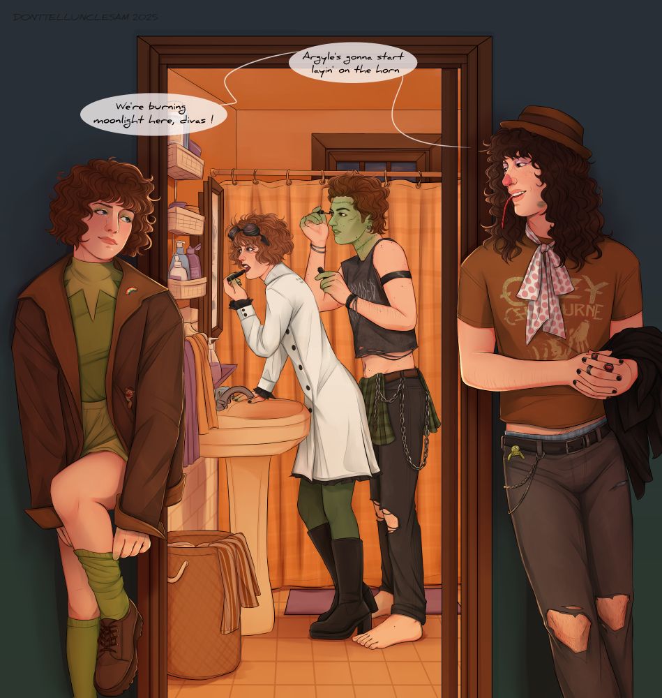 a digital illustration of the characters Nancy Wheeler, Robin Buckley, Steve Harrington, and Eddie Munson from the TV show Stranger Things getting ready for Halloween. Nancy and Eddie are leaning against the door frame to a bathroom and are looking at each other with amusement. Nancy is wearing a green shirt and skirt with a Kermit collar. She also wears an oversized brown jacket with a rainbow pin on the lapel. She is pulling up a green knee sock to complete her Kermit The Frog costume. Eddie is wearing a brown shirt with Ozzy Osbourne on it, grey jeans, and a black coat over his arm. He also wears a small brown pork pie hat and a polka dot bow around his neck to look like Fozzie Bear from The Muppets. Eddie's speech bubbles read: "We're burning moonlight here, divas! Argyle's gonna start laying on the horn." Inside the bathroom, Robin is leaning over the sink to look in the mirror and apply a black lipstick. Her hair is teased to look messy and she wears goggles on her head. She wears a white lab coat dress and a black ruffle on the hem and cuffs to look like Victor Frankenstein. Behind her, Steve is looking over her head to apply mascara in the same mirror. His face is painted green with scars and staples painted on his forehead, cheek, and neck. He wears a cropped and distressed Corroded Coffin tank top and a pair of ripped black jeans with a green plaid half-skirt tucked into his waist. He has buckles and chains around his wrists and a heavy chain draped over his hip. He is not wearing any shoes and is the last to get ready in his Frankenstein's Monster costume.