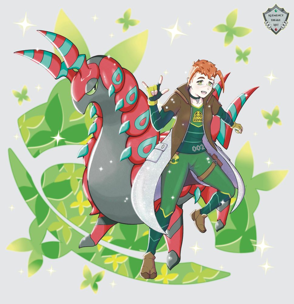 Art by Klemency Drake of Mercy (their OC-sona) and Bixbite (Mercy's Pokemon, a Shiny Scolipede) drawn together in the style of the "Pokémon trainer" collection sold in Pokemon Center (usually featured on standees, T-shirts stickers, clear files etc).

Mercy makes metal hand sign, which can also be interpreted as the sign language of love if they were to be animated.

The Pokeball background is designed to have sparkles and butterfly shapes, all in various shades of green and yellow.

(Made in 2024)