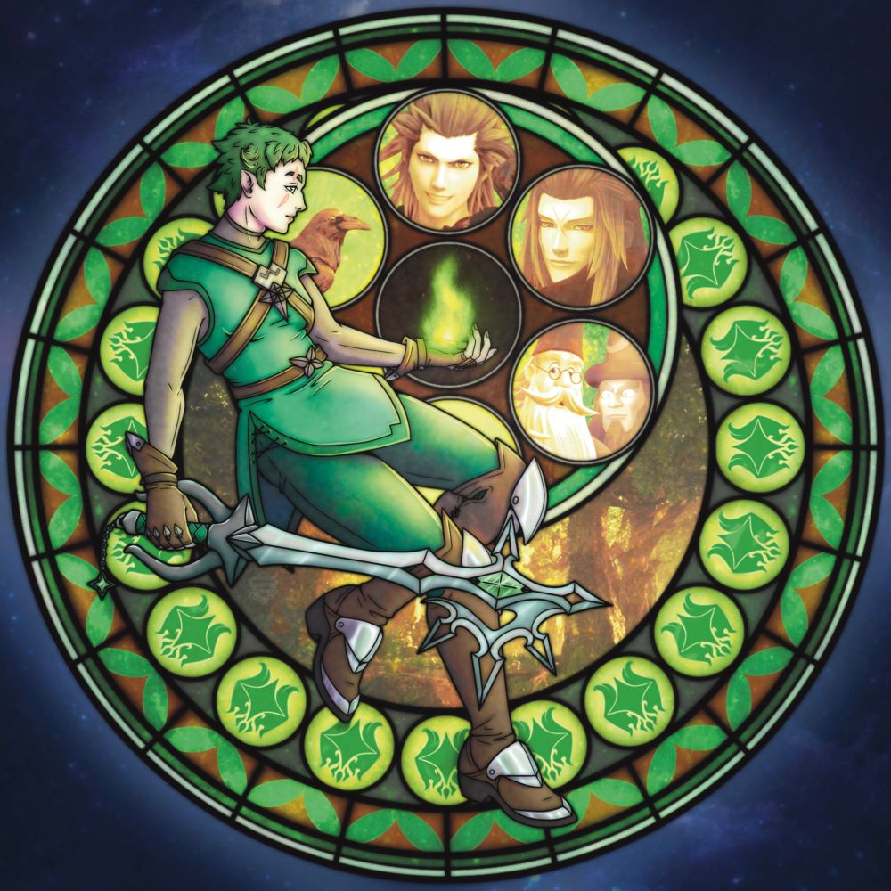 Art of Feya's Heart Station (Klemency Drake's Kingdom Hearts OC sona). Aka "Station of Awakening" or "Dive to the Heart", which are represented as Stained Glass platforms.

Hers shows Lea / Axel and Isa as young adults who are her childhood friends, Merlin and Yen Sid who took care and trained her, a Raven (actually Diaval, Maleficient's friend), the Secret Forest, her symbol and herself with a Keyblade while holding a green flame. The Station is in earthy colors (greens and browns) like her own palette.

(Made in 2023 by Klemency Drake)
