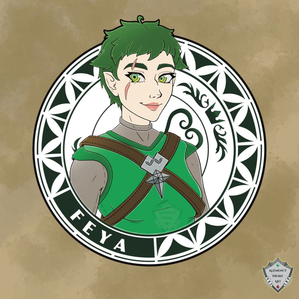 Art of Feya (Kingdom Hearts OC-sona of Klemency Drake) in the style of the official round frame KH keychains.

Made by Klemency Drake in 2023