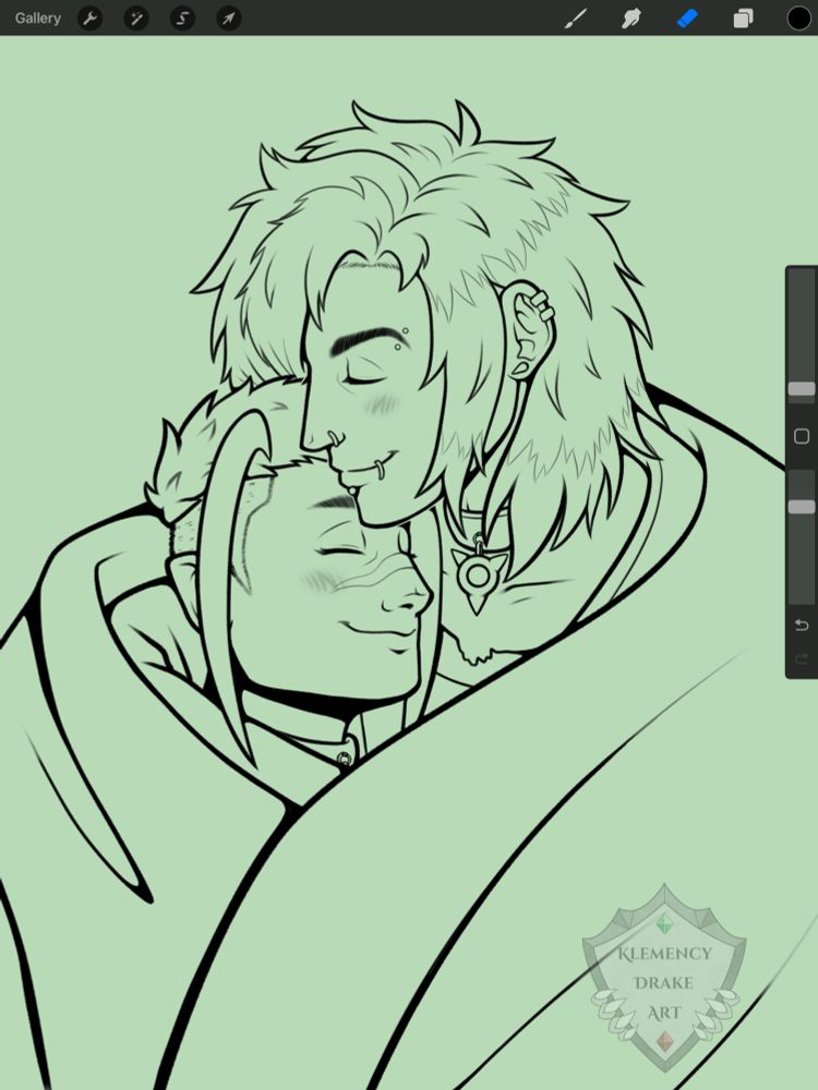 Wip lineart of Piers and Mercy cuddling with a blanket wrapped around them