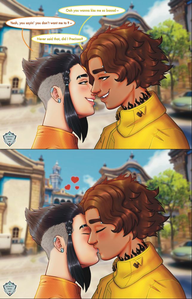 2 panels depicting Sloan Cameron aka Venture from Overwatch 2, on a date with Gwen (Klemency Drake's OC-sona) teasing each other softly before kissing on the lips. The background is a screenshot of the map "Esperança"

Gwen is shipped with Venture OW ( SweetAdventureShipping / Gwenture )
(Made by Klemency Drake in 2024)