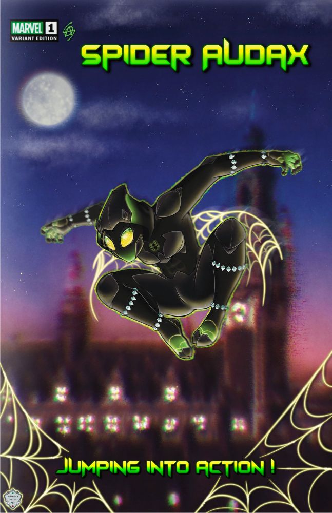 Fake Marvel Comic Cover of Spider Audax (Spidersona OC belonging to Klemency Drake) showing the vigilante doing a pose in the air in between web swings, the background being the bell tower in Lille (France) at night. Their look is black and green, with neon webs and studs, based on the Bold Jumping Spider "Phidippus audax" that bit them.

"Jumping into action !" At the front held by 2 neon webs of theirs, "Spider Audax" as title alongside their own symbol and the Marvel Comics logo.

Crystal is part of the Spiderverse and is shipped with Hobie Brown aka Spiderpunk ( RebelSpiderShipping / Crysbie )

(Made by Klemency Drake in 2023)
Background photo of Lille by Max Zed (edited to fit the art).