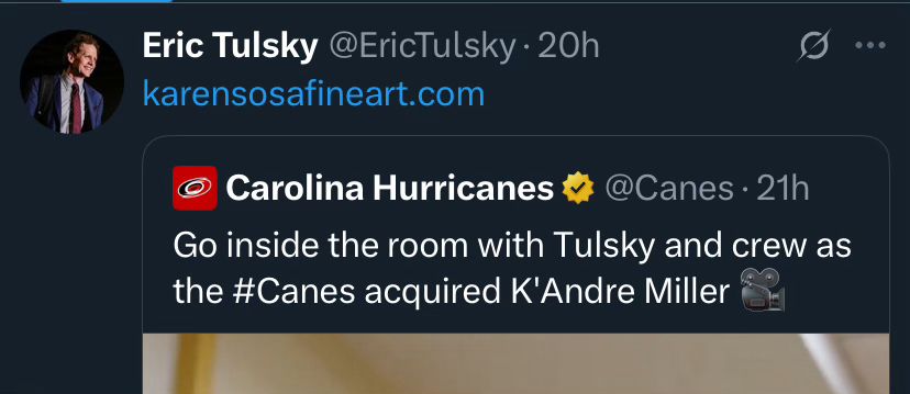 screenshot of Eric Tulsky’s quote tweet linking to his wife’s art website 