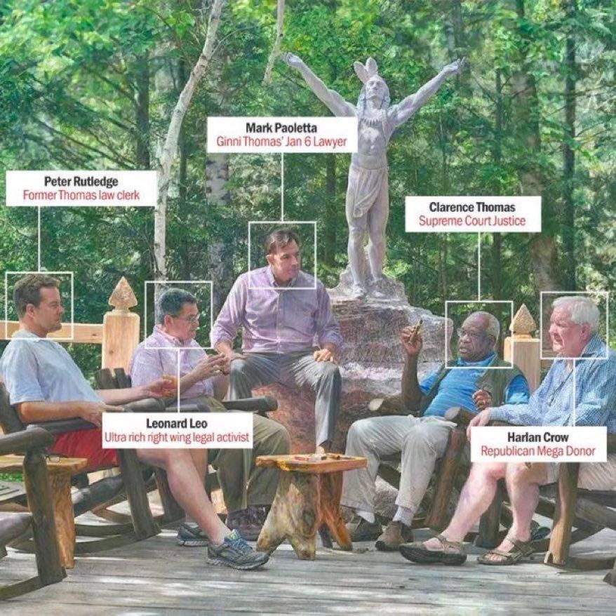 “A painting that hangs at Camp Topridge shows Crow, far right, and Thomas, second from right, smoking cigars at the resort. They are joined by lawyers Peter Rutledge, Leonard Leo and Mark Paoletta, from left. Painting by Sharif Tarabay”