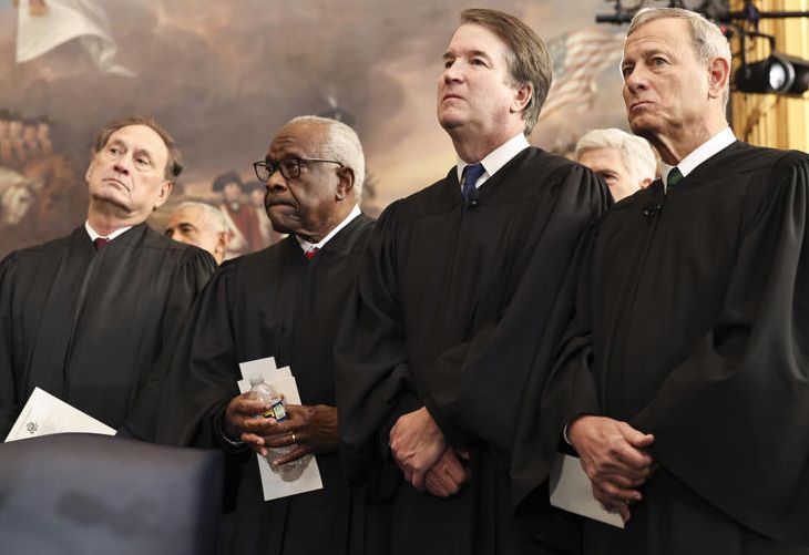 Republican operatives in Supreme Court jusice robes - Alito, Thomas, Kavanaugh, and Roberts.